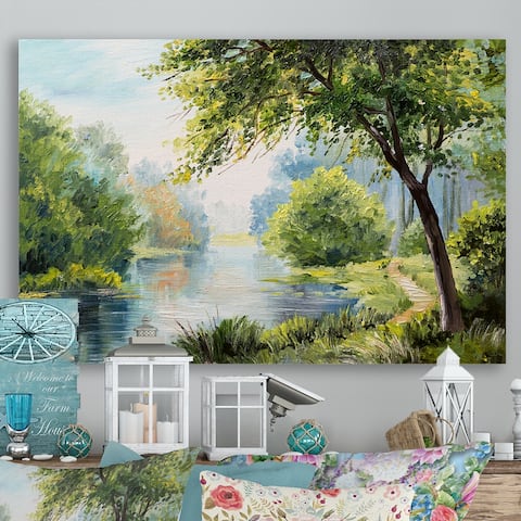 Designart "Spring River Landscape Painting" Traditional Canvas Art Print