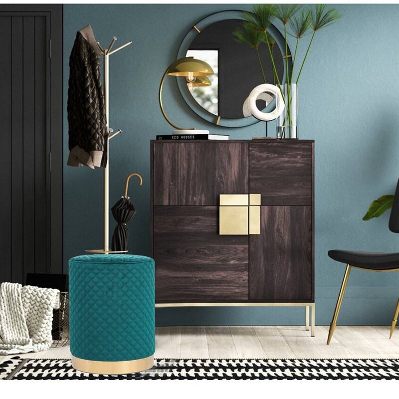 Adeco Width Round Velvet Ottoman Footstool with Gold Trim Soft Compact