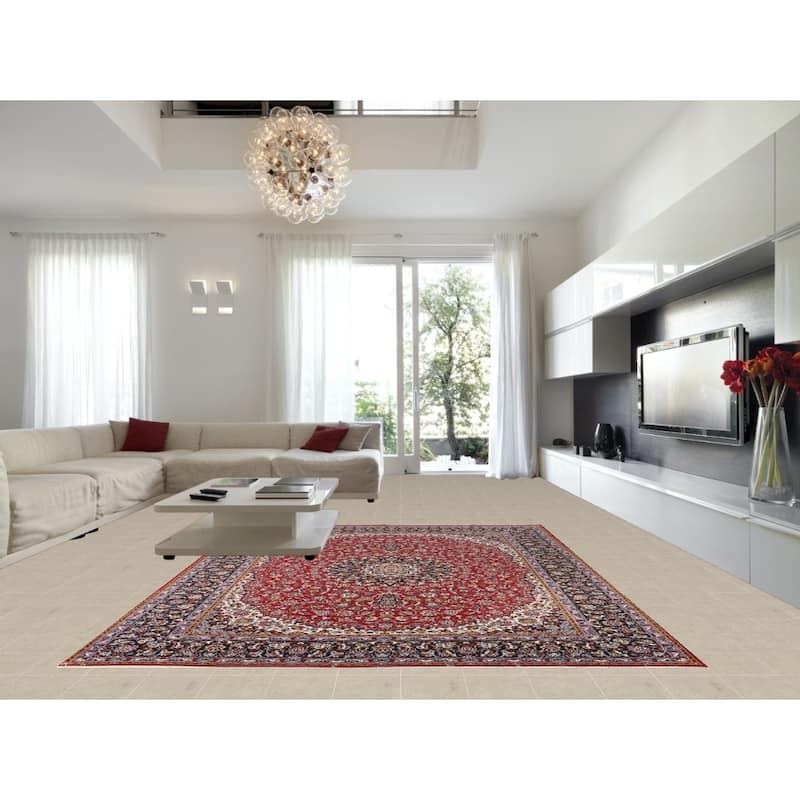 Traditional Red Kashan Turkish Area Rug Floral Machine-Made Carpet - 9'8" x 12'9"