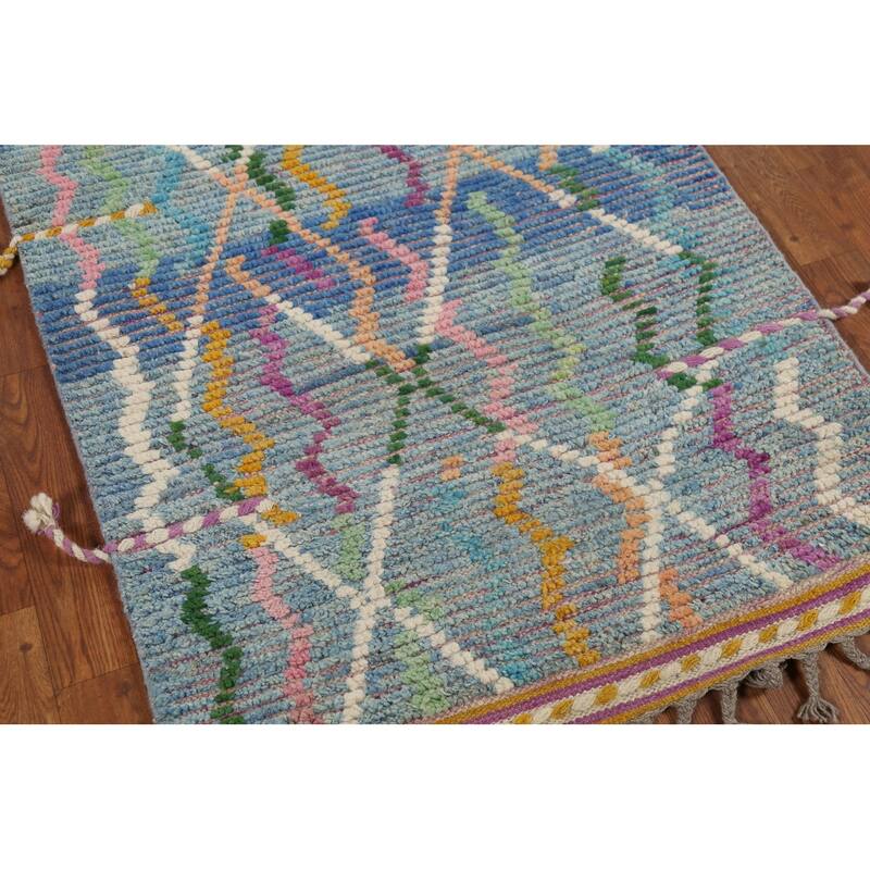 Blue Moroccan Oriental Runner Rug Hand-Knotted Wool Carpet - 2'11"x 16'5"