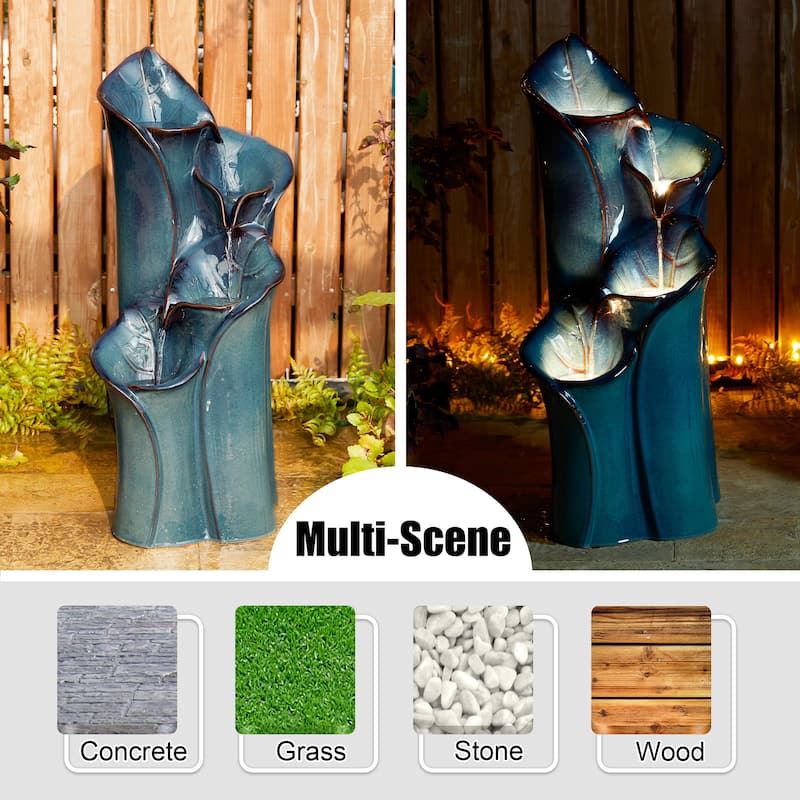Glitzhome 31.75"H 4-Tier LED Vase-Shaped Ceramic Outdoor Floor Fountain with Birds/ Lotus
