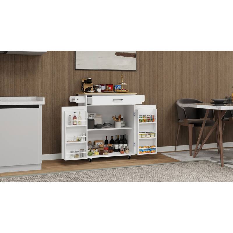 Farmhouse Style Rolling Kitchen Island with Rubber Wood Top, 1 Drawer, Storage Racks, and Locking Casters - White