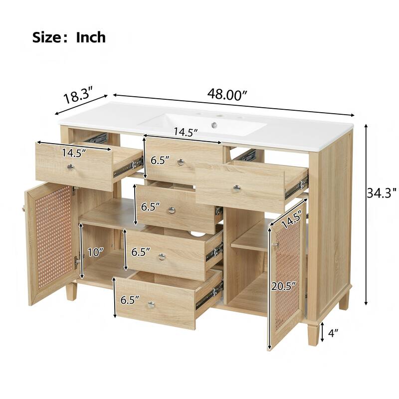 Christopher Knight Home - Modern Handwoven Rattan Bathroom Vanity with Ceramic Sink, Soft-Close Storages & Adjustable Shelving