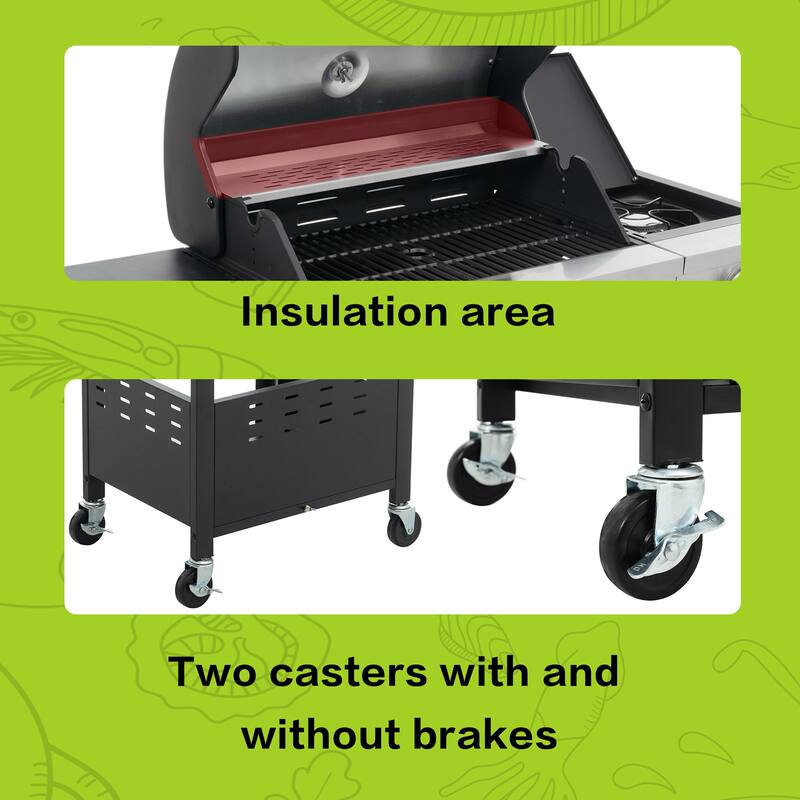 Propane Grill, 3 Burner Barbecue Grill with Side Burner and Electronic Ignition, Stainless Steel BBQ Grill with Wheels