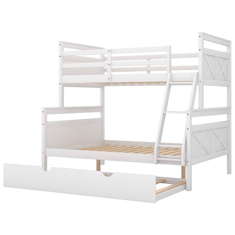 Twin over Full Bunk Bed with Ladder, Twin Size Trundle, Safety Guardrail,
