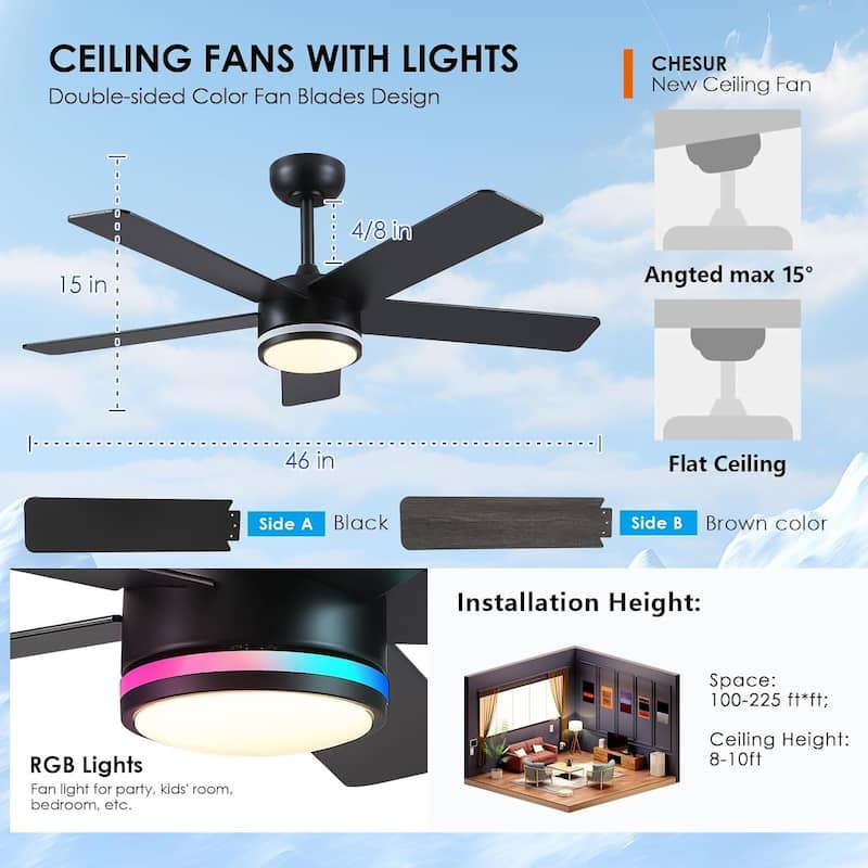 46“/52” Inch Modern Ceiling Fan with LED and Remote,5 Plywood Blades,Remote and APP Control
