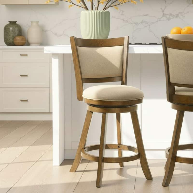 Aiden Modern Farmhouse Swivel Wood Counter Height Kitchen Bar Stool in Sepia Brown Finish with Fabric Upholstered Seat - Set of 3 - Light Scone - Counter Height