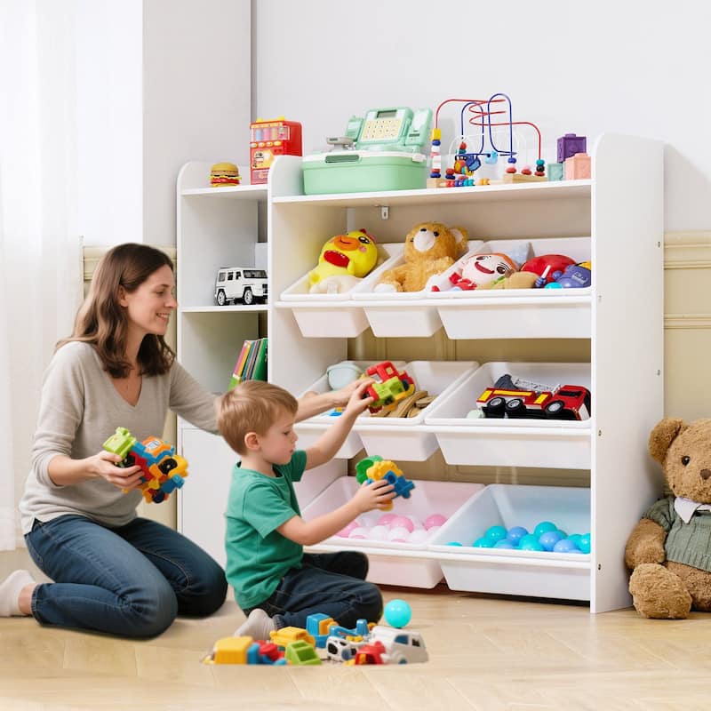 White MDF Kids Toy Organizer with Bookshelves, Bins and Storage Cabinets