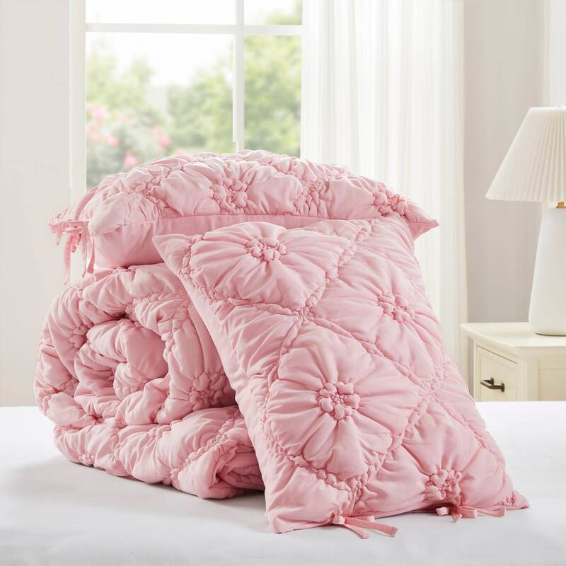 3PCS Full/Queen Textured Floral Comforter Set with Shams Puffy Design All Season Comfort
