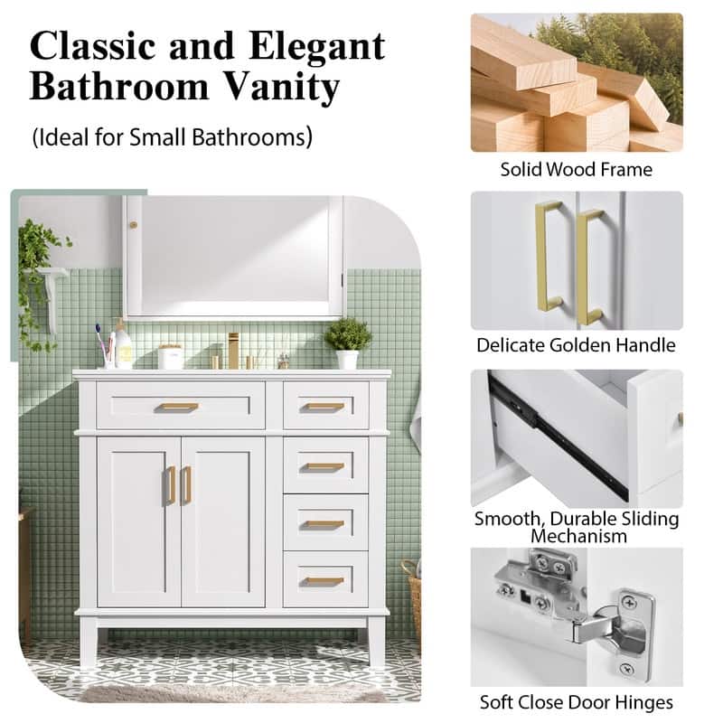 36" Modern Bathroom Vanity with Ceramic Sink, Soft Close Doors, 4 Drawers for Storage