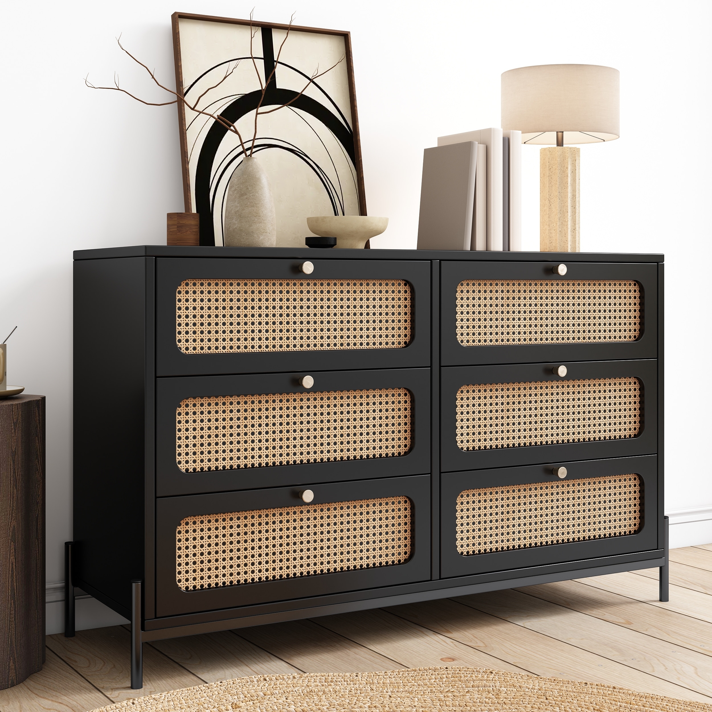 6-Drawer Rattan Dresser in Walnut