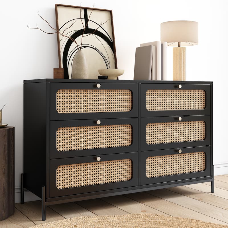 Modern Rattan Dresser with Metal Legs and 6 Storage Drawers, Ideal for Bedroom, Living Room, or Entryway - Black