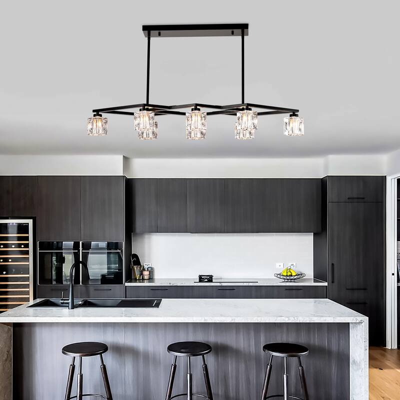 Modern Industrial Style 8-Light Pendant Light, Matte Black Crystal Chandelier, for Dining Room Kitchen and Living Room