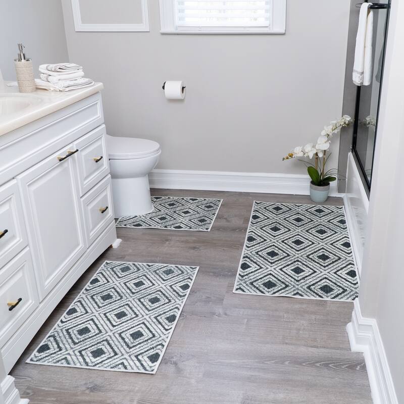 Geometric Design 3 Piece Bathroom Rugs Set - Non-Slip Ultra Thin Bath Rugs for Bathroom Floor - Washable Bathroom Mats Set - Geometric-Gray2