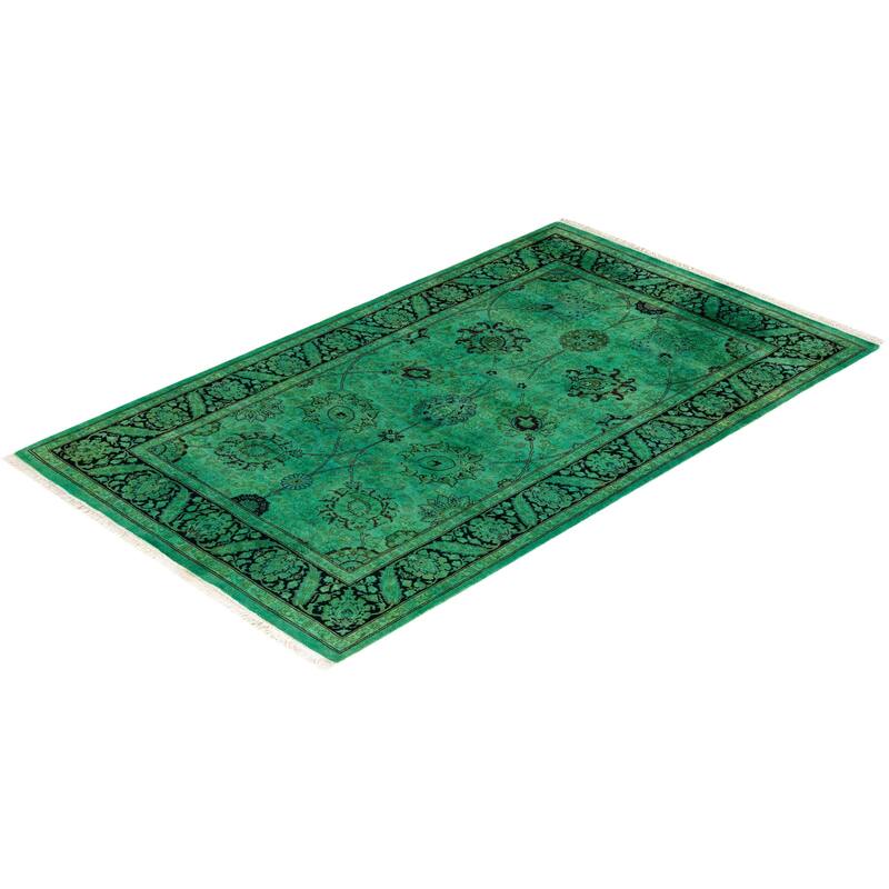 Overton Hand Knotted Wool Vintage Inspired Modern Contemporary Overdyed Green Area Rug - 3' 0" x 5' 2"