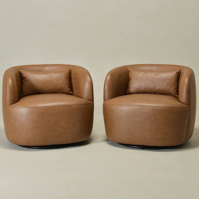 KINWELL 34" Wide Swivel Faux Leather Barrel Armchair Upholstered PU Leather Accent Chairs for Living Room Office Lounge - Camel - Set of 2