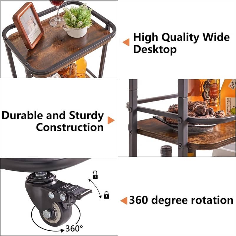 3 Tier Home Bar Serving Cart Kitchen Storage Carts with Wheels