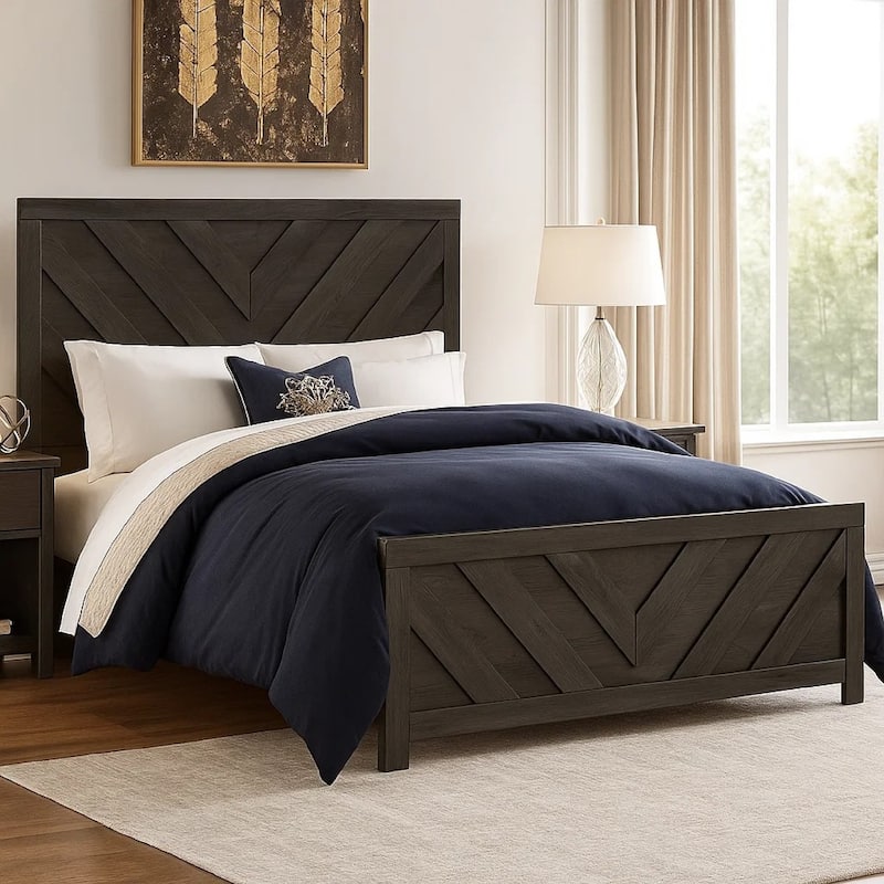 Peny Queen Size Bed, Chevron Pattern, Panel Headboard, Charcoal Black