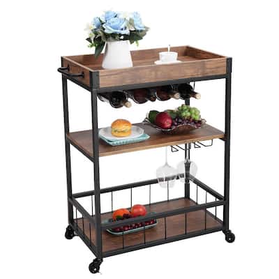 3-Tier Industrial Kitchen Bar Cart with Casters & Removable Tray - 15.7 x 35.2 x 26.4in