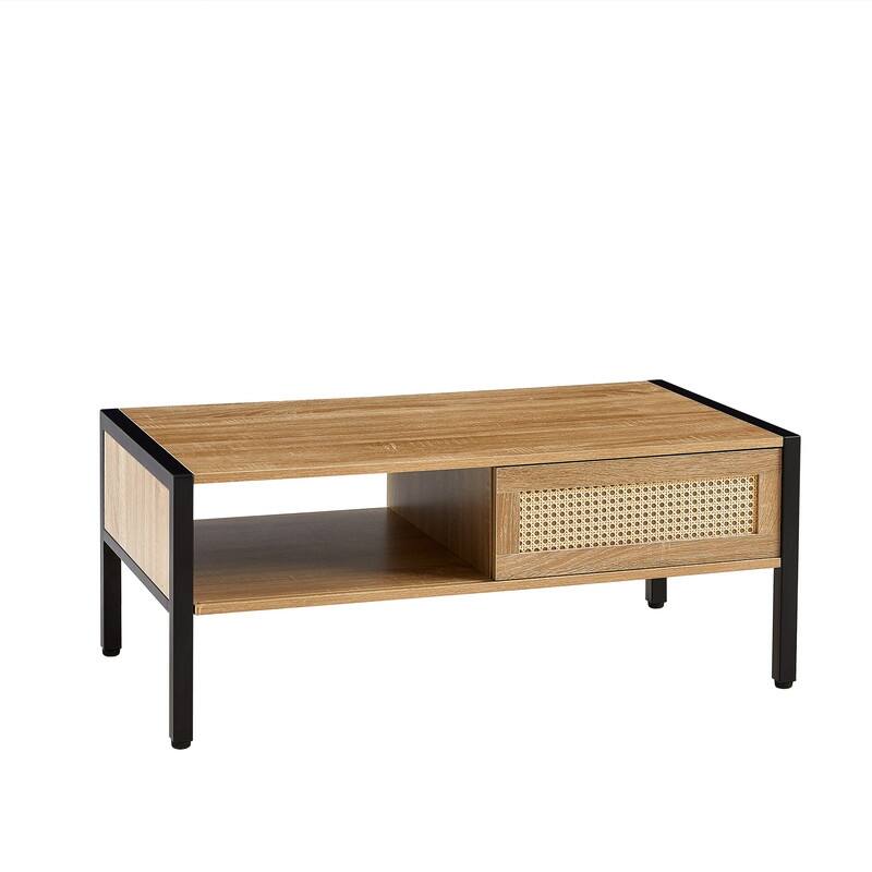 40.16" Coffee Table with Rattan Decorative Doors,Sliding door with Metal Legs,2 Colors