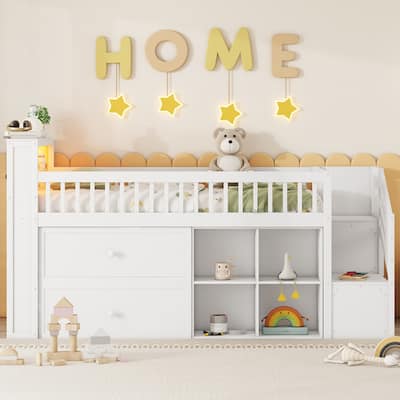 Wooden Twin Size Kids Loft Bed, Solid Pine Low Loft Bed Frame, Twin Size LED Storage Bed Frame with 2 Drawers and Shelves