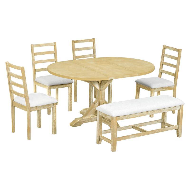 Roomfitters 6-Piece Dining Table Set, Oval Wood Kitchen Table, X-Base Pedestal, 4 Upholstered Chairs & Bench