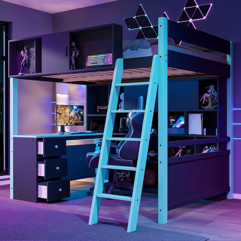 Full Size Gaming Loft Bed with Desk Full Wall Storage Shelf and 3 Drawers Storage Guardrail with Adjustable Door for Gaming Room - Blue - Full