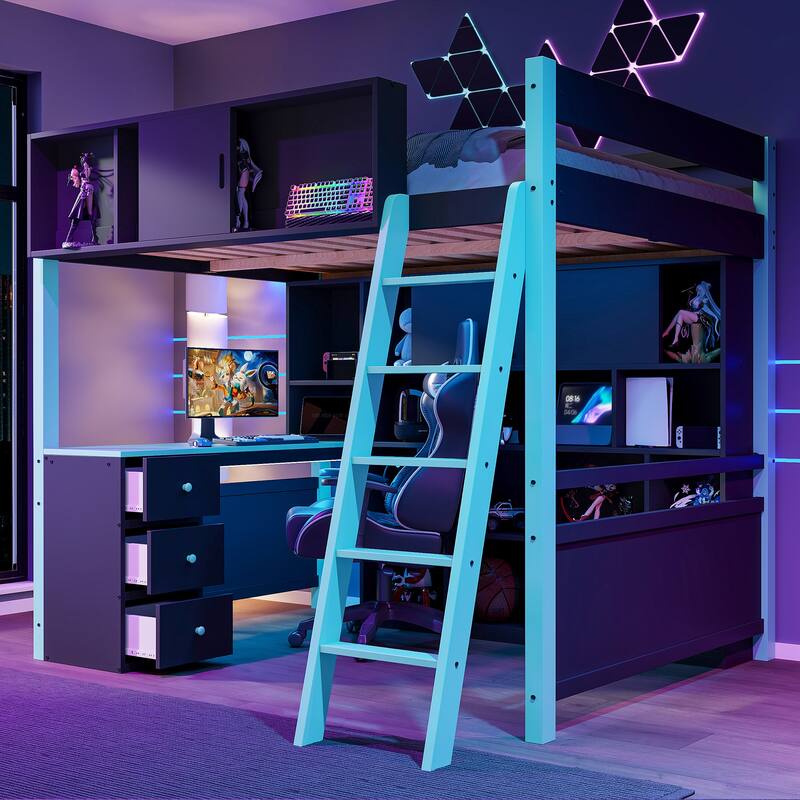 RGB Gaming Loft Bed with Desk, Light Strip, Display Wall, Storage Shelves, Sliding Access Door and Drawers, No Box Spring Needed
