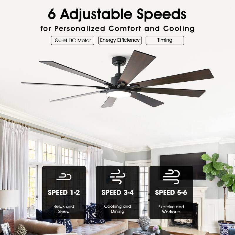 72-in Black Reversible 8-Blade Large Industrial Smart Ceiling Fan with Light and APP Control