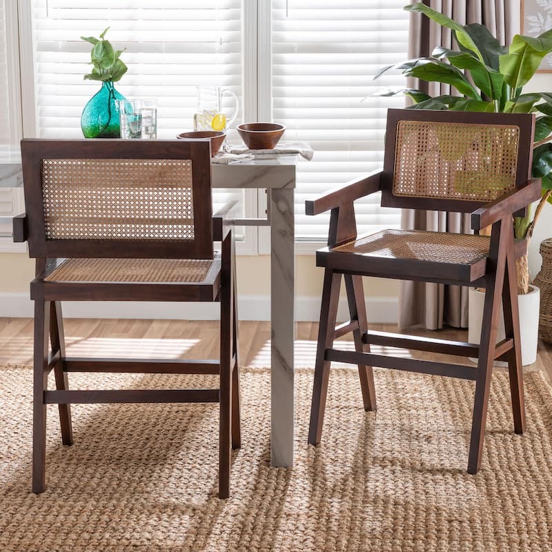 Kresna Rattan Counter Stool with Mahogany Wood - Handwoven Counter Height Chair with Cane, Seating for Kitchen Island or Dining