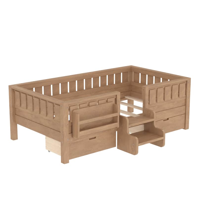 Multiple Colors Toddler Montessori Bed Children's Platform Bed with Low Profile Stairs, Built-in Bookshelf and Storage Drawers