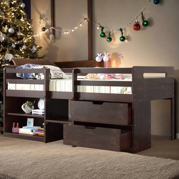slide 2 of 10, Twin size Loft Bed with Two Shelves and Two drawers, Antique Espresso Espresso
