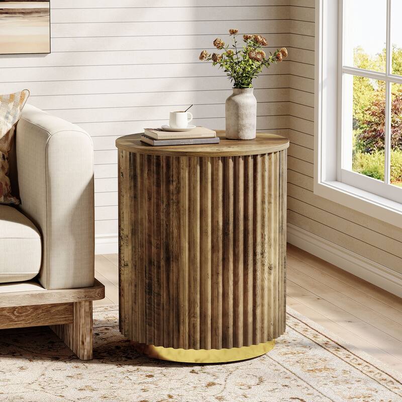 Fluted Round Side Table, Small Bedside Table for Sofa