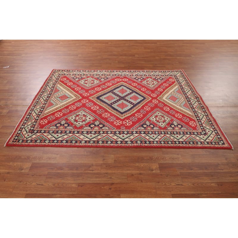 Geometric Kazak Area Rug Hand-Knotted Oriental Wool Carpet - 4'10" x 6'6"