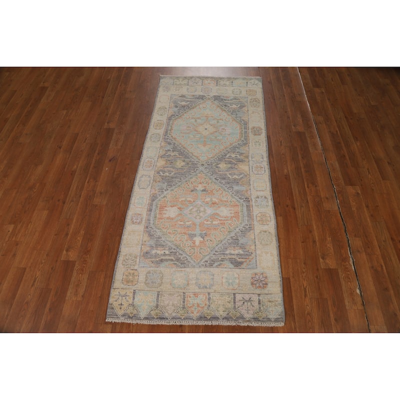 Hand Knotted Oriental 100% Wool Carpet Transitional Geometric Greys & Charcoal Oushak Area Rug - 6' 3'' X 2' 8''