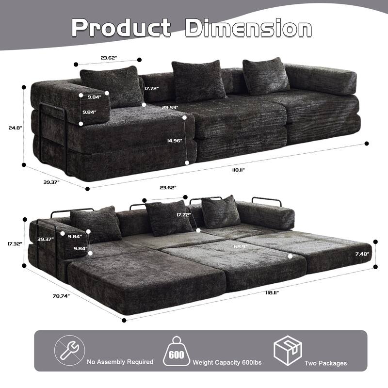 Chenille Fabric Compression Sofa, Boneless Modular Sectional Sofa, Convertible Floor Sofa Bed with Fixed-Shape Frame