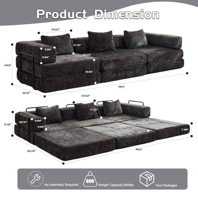 Free Combination Lazy Folding Sectional Sofa Chenille Modular Sleeper Sofa Bed Floor Standing Compression Mattress