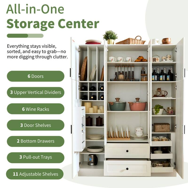 Modern 71" Tall Kitchen Pantry with Storage Cabinet, 6 Doors , Drawers, Adjustable Shelves,Pull-out Trays and Wine Rack