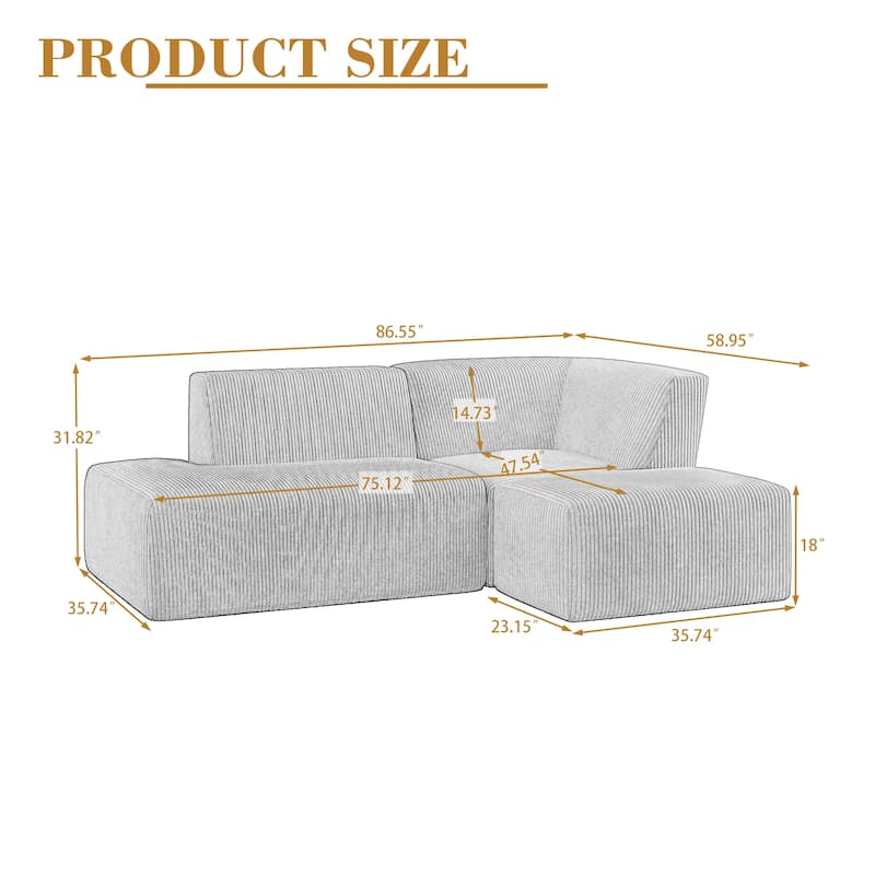 94" W Corduroy Upholstered Fully Sponge Molded Modular Sectional Sofa