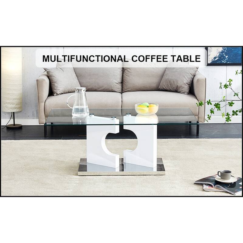 Rectangular Coffee Table with Tempered Glass Tabletop and White MDF Legs