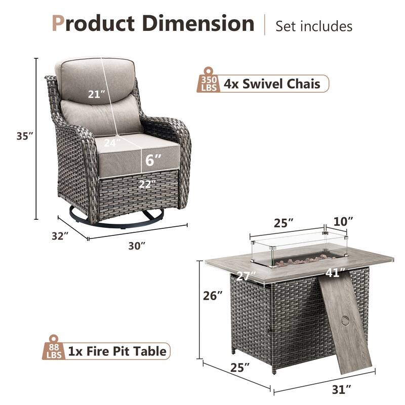 Pocassy 5 Pieces Outdoor 6 Inch Swivel Chair with Fire Pit Table