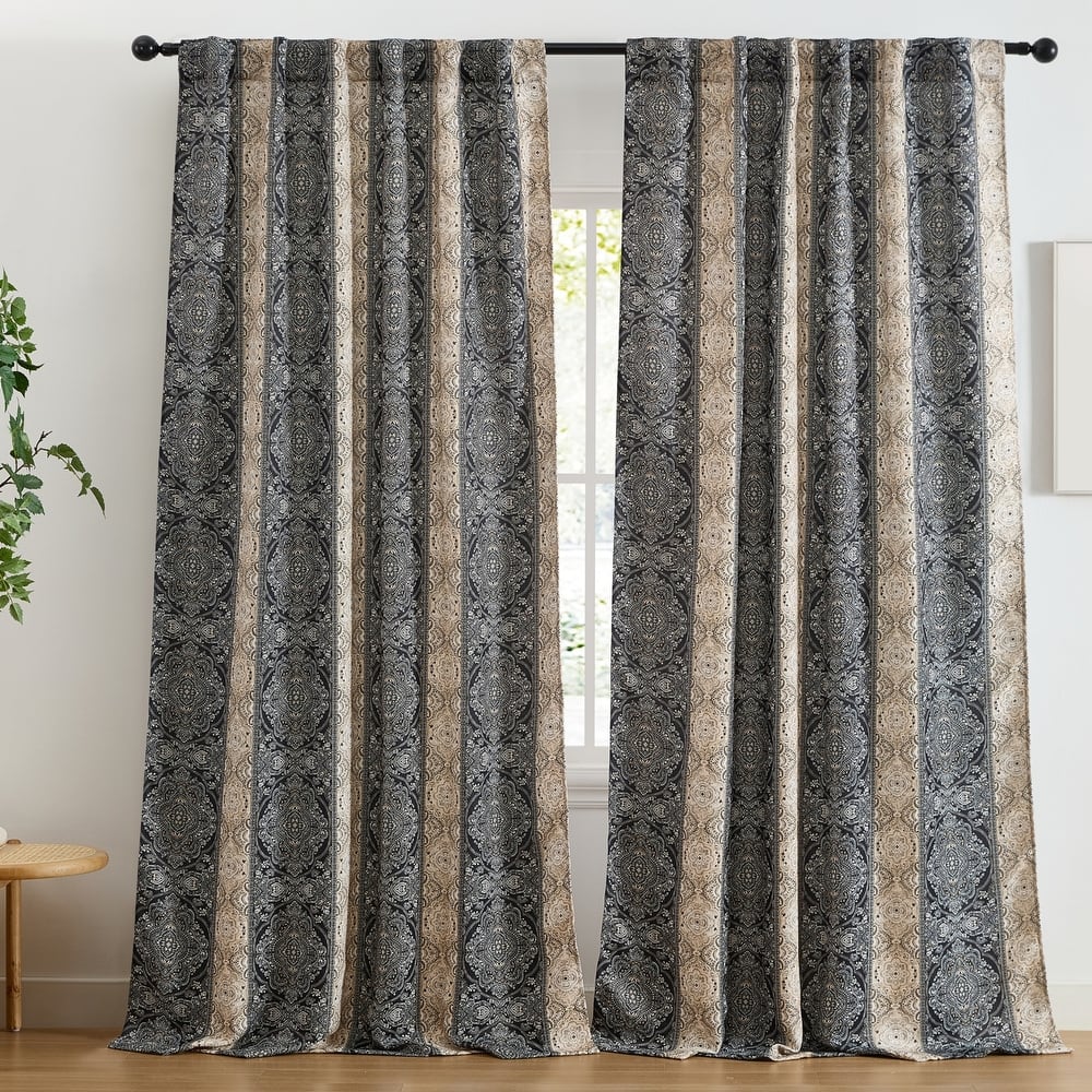 HLC.ME William Boho Damask Striped Window Back Tab Rod Pocket Curtains - Light Blocking Darkening Panels, Set of 2