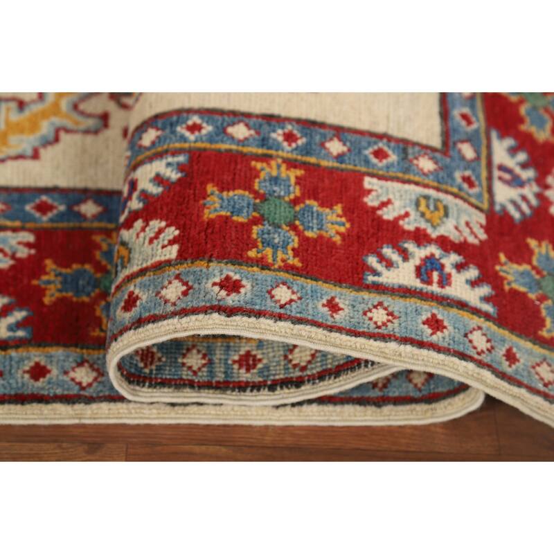 Ivory Geometric Kazak Oriental Accent Rug Handmade Wool Carpet - 3'7" x 5'2"