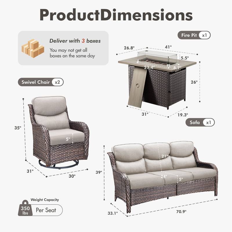 Meyreso 4-Piece Outdoor Patio Wicker Fire Pit Conversation Set with 5-Inch Thick Olefin Cushions