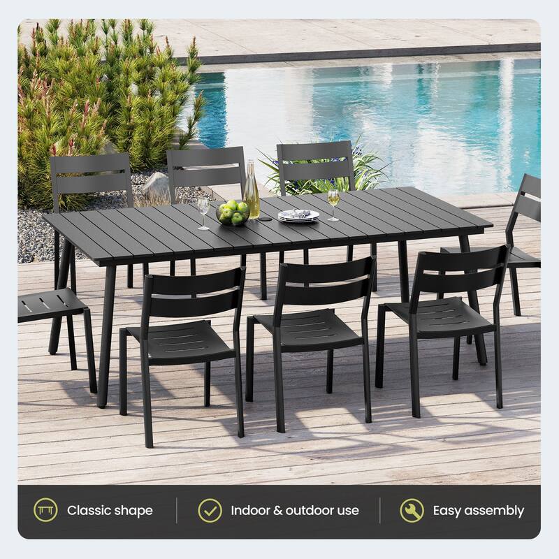 11-Piece Patio Dining Set w/10 ft Umbrella and Base, Rectangle Aluminum Table and 8 Stackable Chairs
