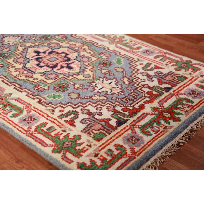 Hand Knotted Oriental 100% Wool Carpet Traditional Geometric Navy Blue & Blues Heriz (serapi) Runner Rug - 8' 1'' X 2' 6''