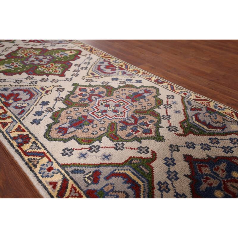 Geometric Kazak Runner Rug Hand-Knotted Beige Wool Carpet - 2'6"x 9'10"