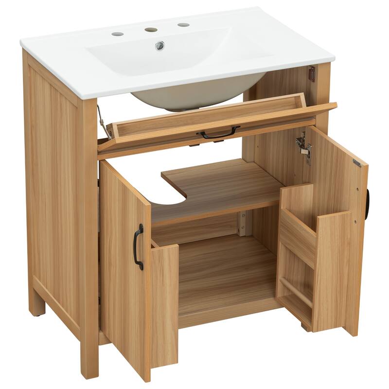 GDFStudio - Barro Transitional Freestanding Bathroom Vanity Cabinet Set with Double Ceramic Sink & Soft Close Storages, Set of 2