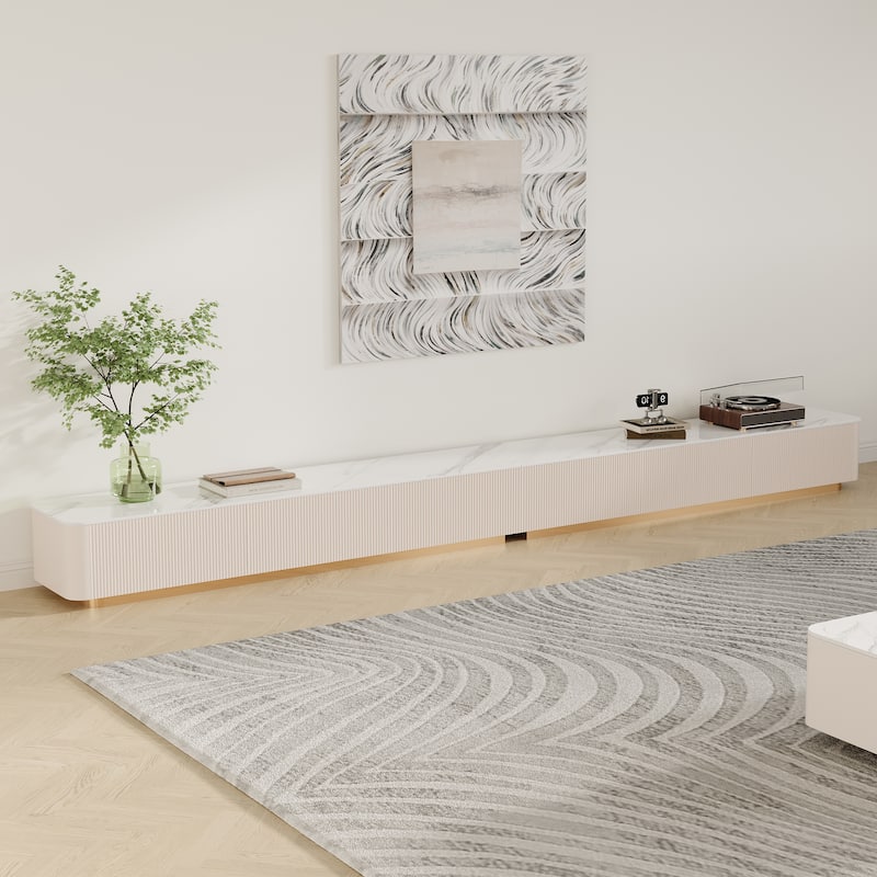 Modern TV Stands with Glossy Sintered Stone, 4-6Drawers, White & Gray - 141" & 6 Drawers
