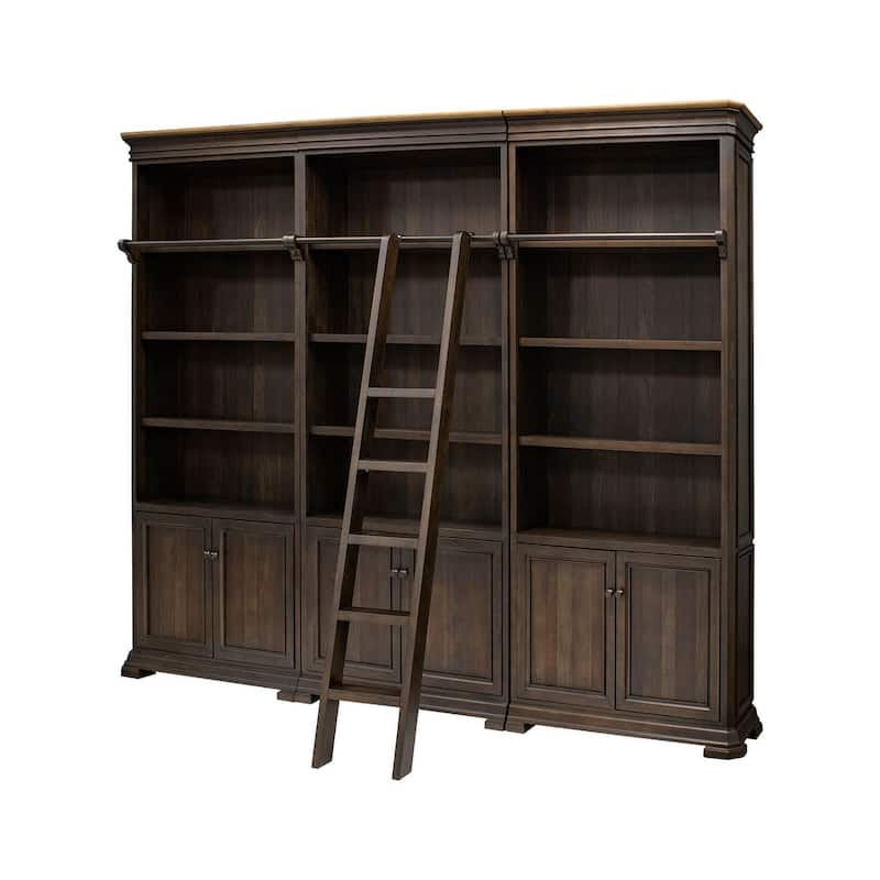 Executive Bookcase Wall With Wood Ladder, Brown - 120"W x 94"H x 14"D